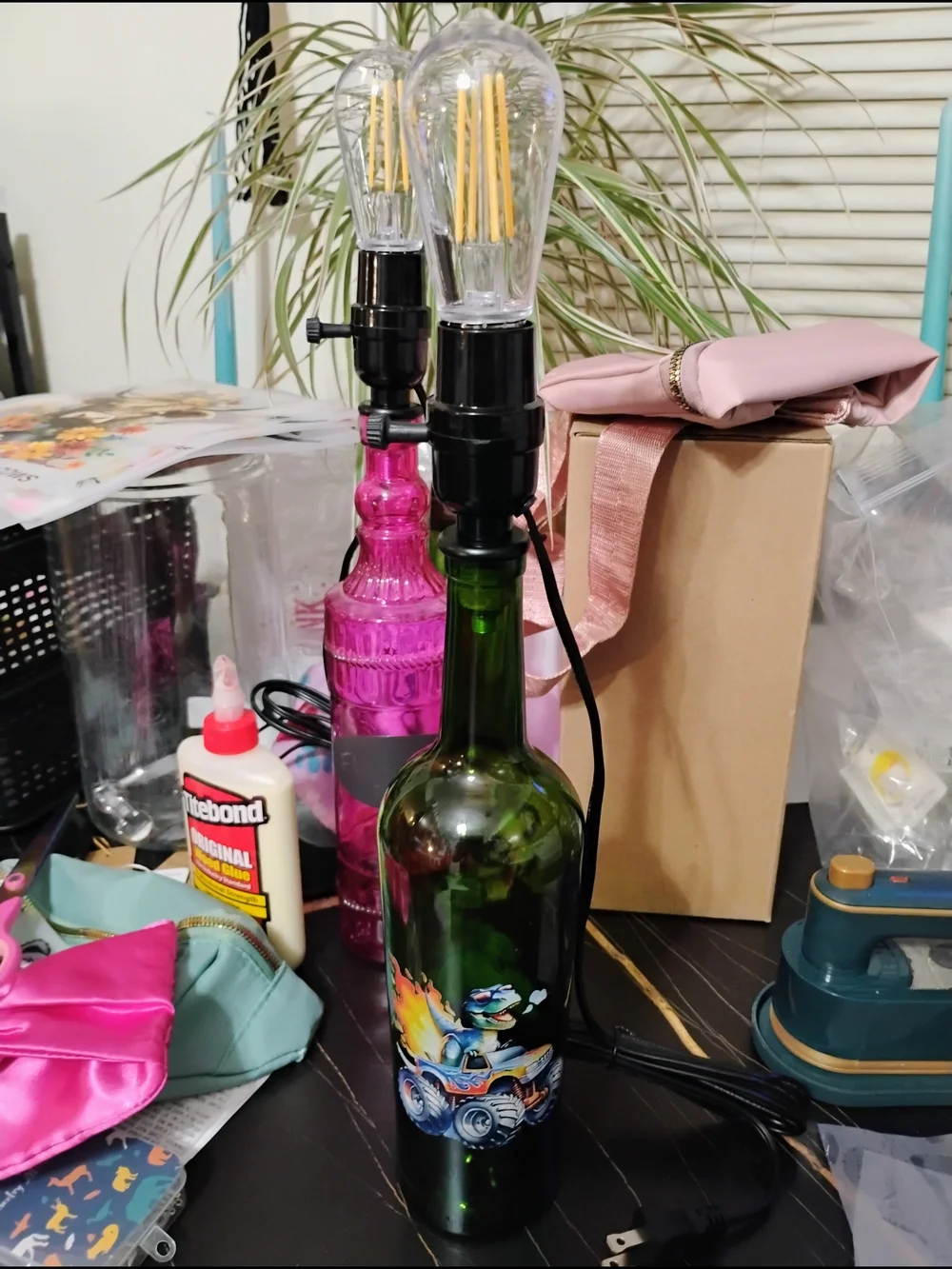 Green Glass Bottle Table Lamp with Colorful Car Art